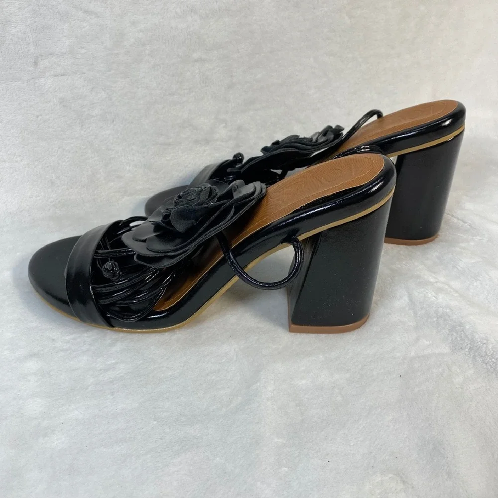 Lovella Flower Heels Block Heel Sandals‎ Strappy Party Shoes Black Size 9/39